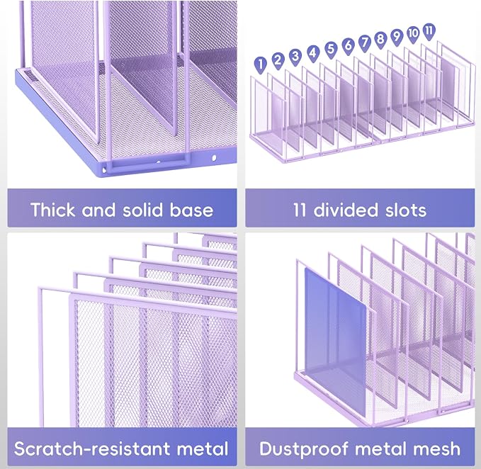 File Organizer for Desk, 11-Section Vertical File Sorter, Paper Holder Organizer Standing Metal File Folder for Office Home Classroom, Purple - Image 6
