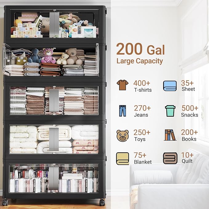 BROVIEW 800QT Stackable Storage Bins with Lids, 200Gal Extra Large Collapsible Storage Box with Wheel, Plastic Storages with Clear Door Open Front for Home Kitchen Garage, Black-5pack(5 lids) - Image 8