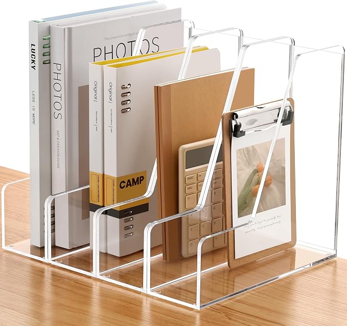 SANRUI 4 Pack Vertical File Holder, Acrylic Desk Organizer Magazine File Sorter for Magazines, Binders, Notebooks, Envelopes, Multi-purpose Clear Document Organizer Rack by SANRUI