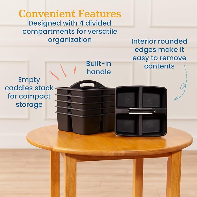 ECR4Kids 4-Compartment Medium Plastic Caddy, Multipurpose Organization, Black, 6-Pack - Image 5