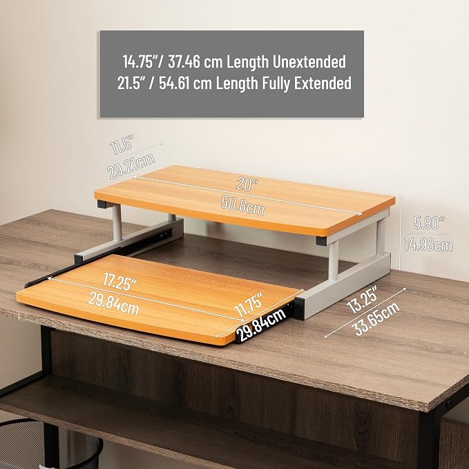 Mind Reader Monitor Stand, Sliding Keyboard Drawer, Laptop, Riser, Office, Wood/Metal, 20"L x 14.75"W x 5.9"H, Brown, Silver - Image 3