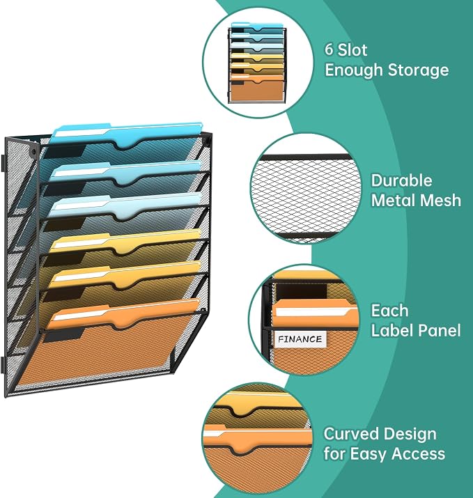 6 Tier Wall File Organizer, Hanging Wall Mounted Mail Organizer with Label Slots, Metal Mesh File Holder Magazine Rack for Office, Home, School or Classroom, Black - Image 4