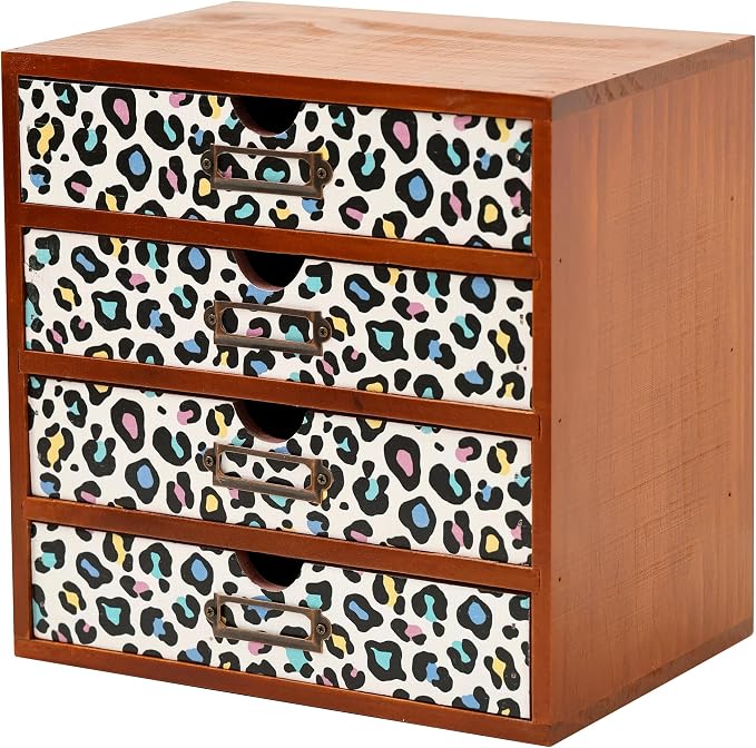 Colorful Leopard Print Wooden Desk Organizer - 4-Drawer Desktop Storage Cabinet for Office Supplies, Craft Tools & Home Organization - Trendy Wood Design for Crafters, Art Enthusiasts, Students by PrimoSupply