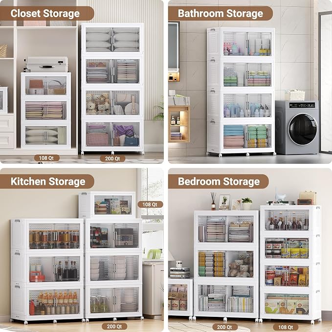 200Gal XL Stackable Storage Bins Foldable Box Cabinet for Home 4Pack White | Extra Large Plastic Boxes with Dividers Multi-Compartment Collapsible Closet Organizers and Storage Cabinet with Wheels Door - Image 7