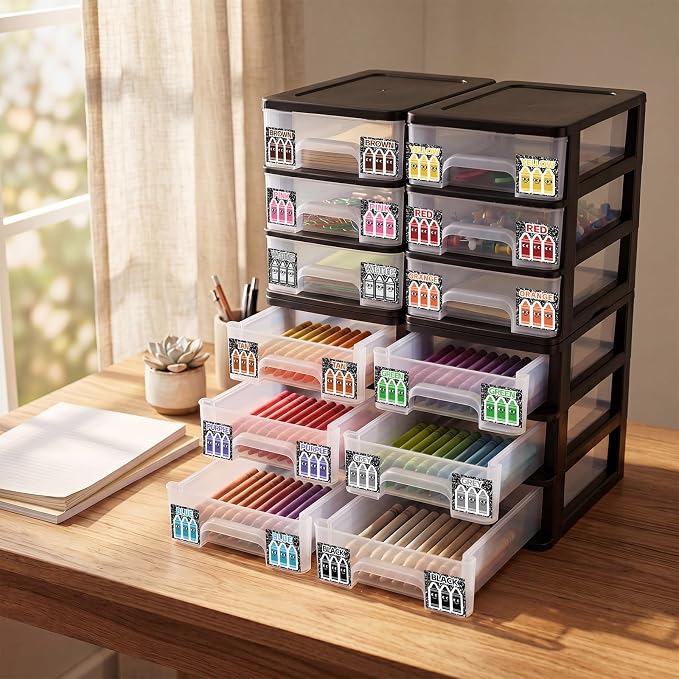 12 Pcs/ 4 Pack Plastic Crayon Organizer for Classroom Back to School Crayon Storage Boxes for Marker Pen Art Craft Supplies Crayons Drawer Container for Classroom Office Table with Color Label - Image 6