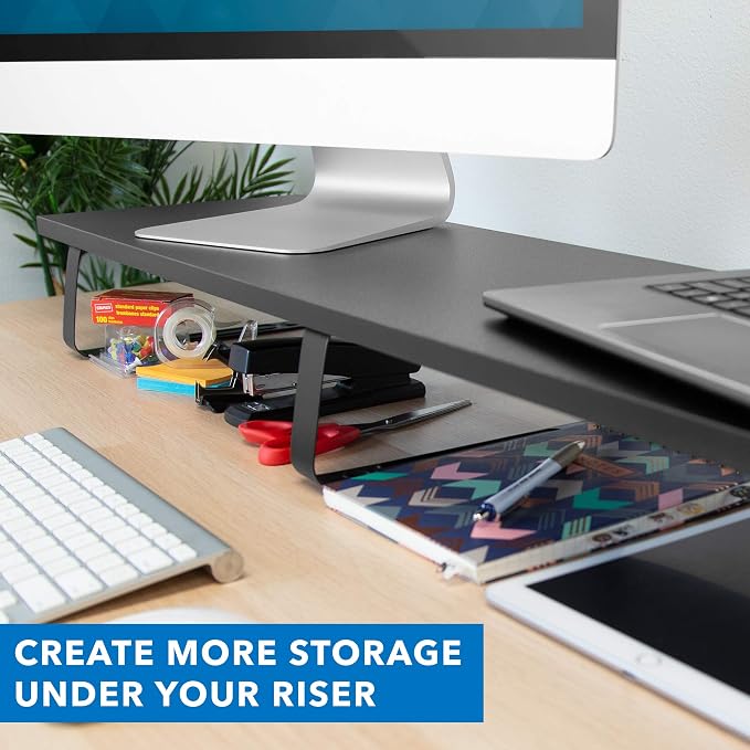Mount-It! 39" Extra Long Dual Monitor Stand Riser – Ergonomic Desk Organizer for 2 Monitors, Laptop, TV, or Printer – Heavy-Duty Steel & Wood Desktop Shelf with Storage – Supports 44 Lbs – Black - Image 8