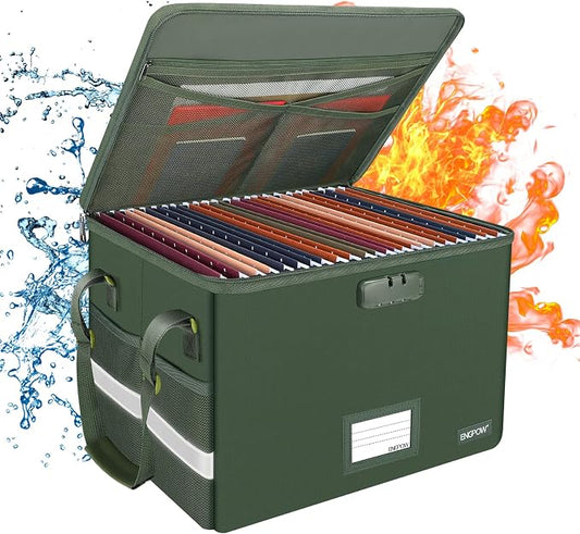 ENGPOW File Box with Lock, Fireproof Document Box with Zipper Lid, Collapsible File Storage Organizer Filing Cabinet with Handle, Portable Home Office Safe for Hanging Letter/Legal Folders, Green by ENGPOW