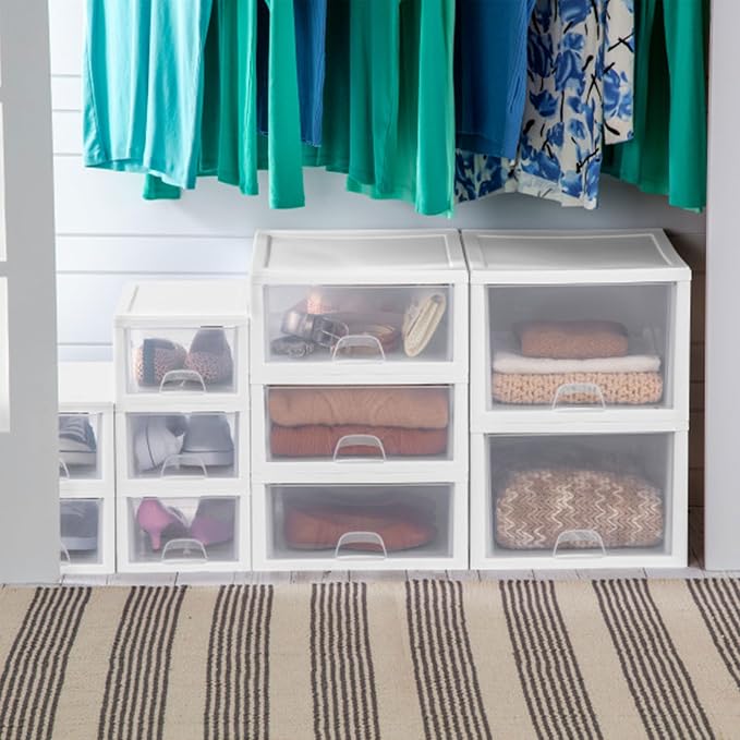 Sterilite Stacking Drawer Storage Organizer for Clothes, 27 Quart, 8-Pack | White Frame, Stackable Modular Clear Plastic Drawers & Containers for Clothing, Accessories, Craft Supplies, Shoes or Linens - Image 5
