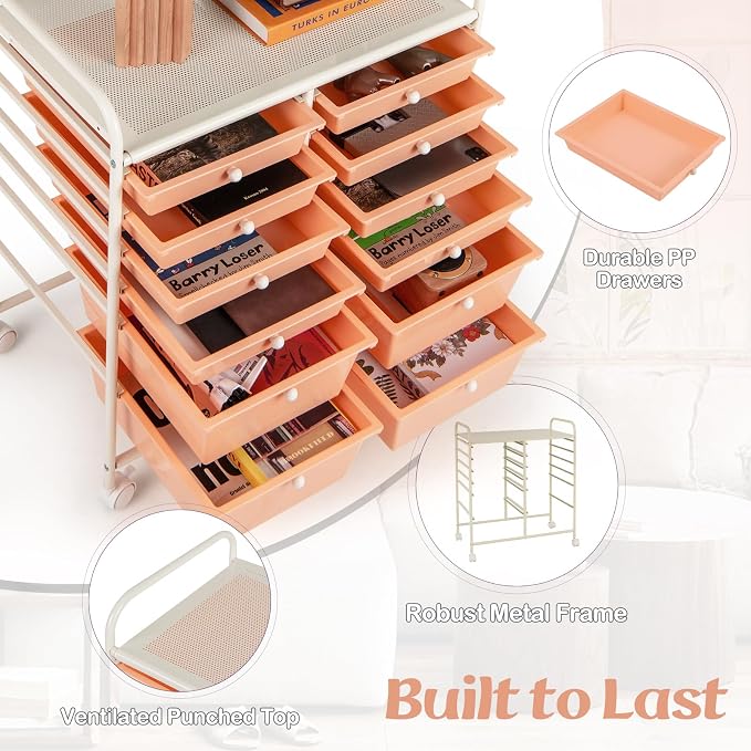 GOFLAME 12-Drawer Rolling Storage Cart, Multipurpose Organizer Cart with 2 Sizes Plastic Drawers, Mobile Utility Cart with Lockable Casters for School, Home Office, Beauty Salon, Peach Fuzz - Image 6