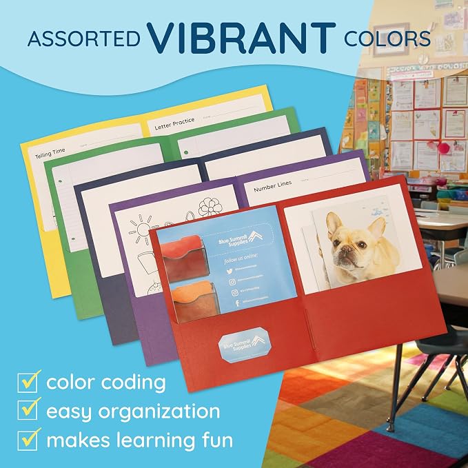 Blue Summit Supplies 100 Paper 2 Pocket Folders, Letter Size, Assorted | Durable paper, 2 pockets, letter size, for school, office, and presentation use - Image 4