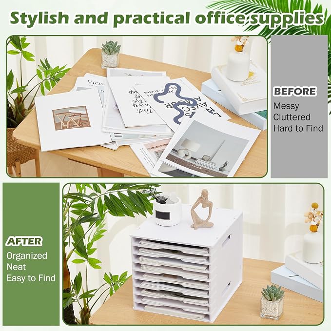 9 Tier 8.5" x 11" Scrapbook Paper Organizer, White Cardstock File Organizer with Adjustable Shelves, Stackable Paper Trays, Desktop Storage Rack Document Holder for Desk Home Office - Image 4