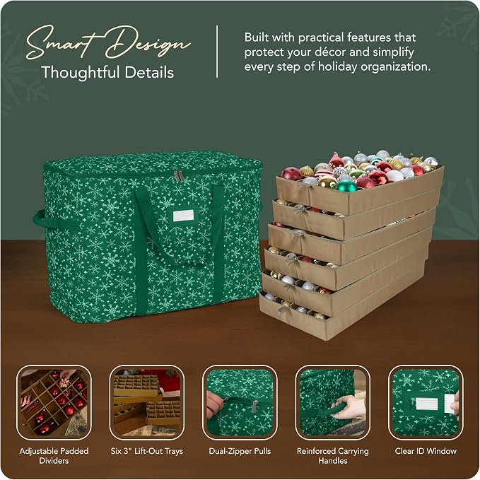 Covermates Keepsakes Adjustable Ornament Storage Bag – Heavy-Duty Polyester, Padded Dividers & FlexGrid Trays – Protective Holiday Ornament Organizer with Handles & Label Window, Green Snowflake - Image 4