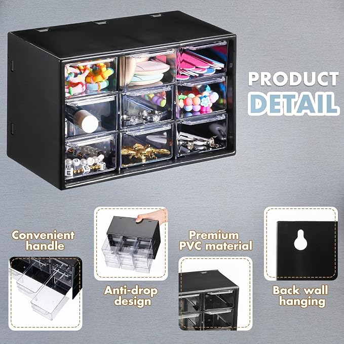 Rtteri 9 Pieces Mini Drawer Organizer Plastic Desktop Storage Box Desk Craft Organizer with 9 Clear Drawers for Office Home Jewelry Small Parts Belongings Cosmetics Collection, Wall Mounted (Black) - Image 4