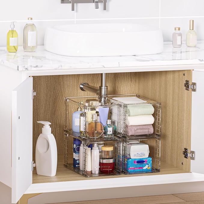 Vtopmart 4 Pack Large Stackable Storage Drawers, Clear | Easily Assemble Bathroom Closet Undersink Organizers and Storage Kitchen Cabinets,Pantry,Makeup,Medicine Organization - Image 2