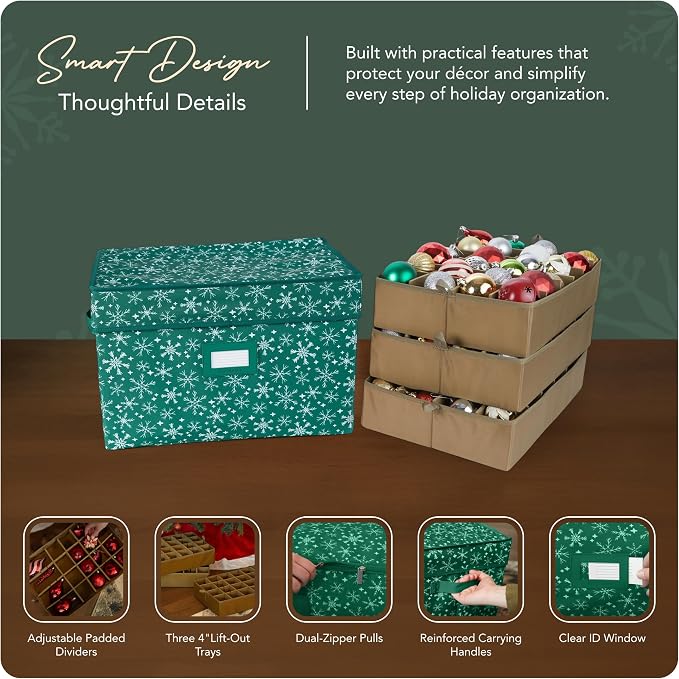 Covermates Keepsakes Adjustable Ornament Storage Box – Heavy-Duty Polyester, Padded Dividers & FlexGrid Trays – Protective Holiday Organizer with Stackable Walls & Label Window, Green Snowflake - Image 4
