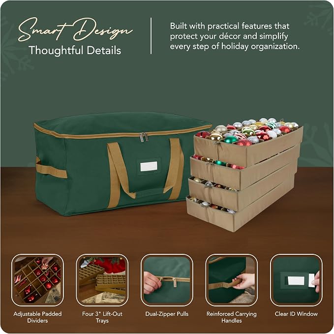 Covermates Keepsakes Adjustable Ornament Storage Bag – Heavy-Duty Polyester, Padded Dividers & FlexGrid Trays – Protective Holiday Ornament Organizer with Handles & Label Window, Green - Image 4