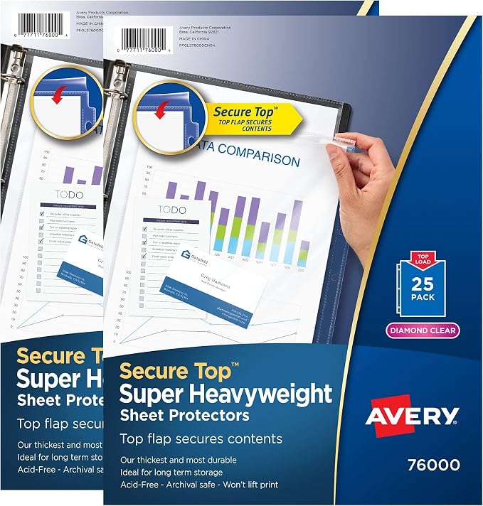 Avery Diamond Clear Top Sheet Protectors, Super Heavyweight Page Protectors for 3 Ring Binder, Clear Binder Sheet, 25 Count (86009) (Pack of 24) by Avery