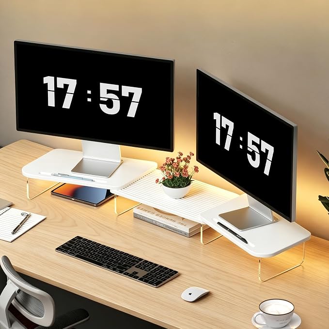 AFOOYO LED Dual Monitor Stand Riser for 2 Monitors,Office Desktop Wooden Stand Adjustable Length and Angle 3 Shelf,Extra Long Multifunctional Stand up to 39.3" for Computer,Laptop,TV,White by AFOOYO