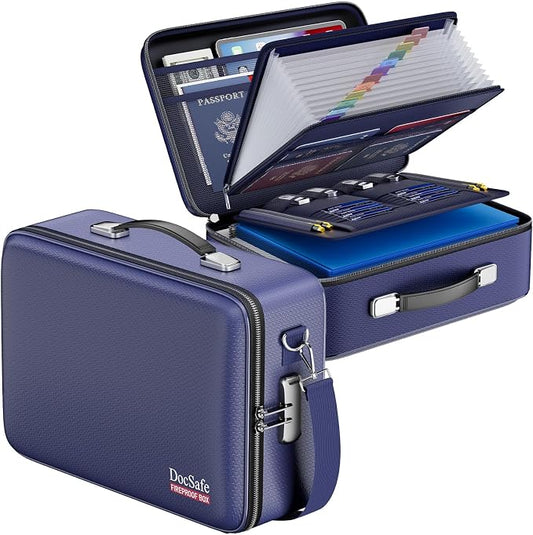 DocSafe Fireproof Document Box with Lock＆Shoulder Strap,Hard Case File Organizer with Accordion File Folder,Multi-Layer Portable Home Office Travel Safe Storage for Important Documents Laptop Blue by DocSafe