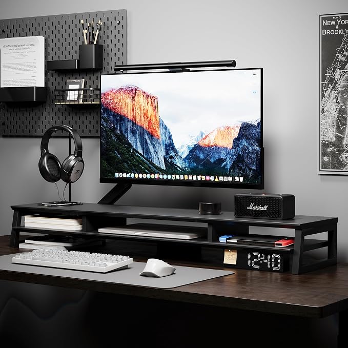 Dual Monitor Stand Riser for Desk, 41.7 Inch Large 2 Tier Computer Monitor Stand for 2 Monitors, Desktop Storage Organizer Shelf with Keyboard Space for Laptop PC Printer, Black - Image 2