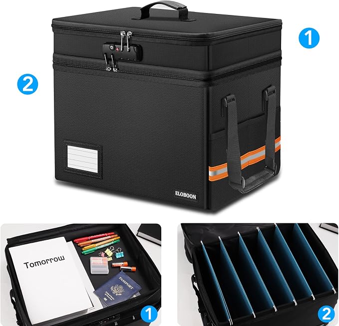 Fireproof Document Box with 13 Pocket Accordian File Folder | Water-Resistant File Organizer Box with Lock, Collapsible File Storage Cabinet for Hanging Letter/Legal Folder, Black - Image 6