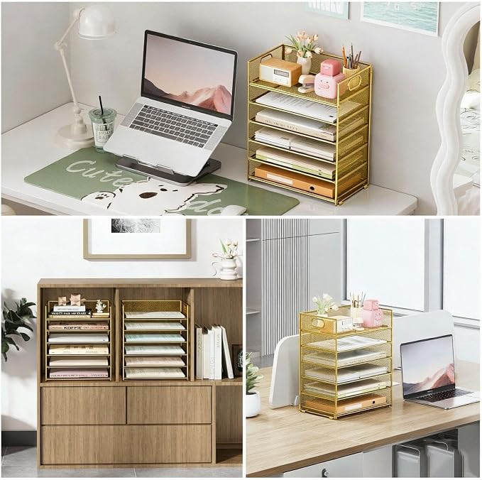 6 Trays Paper Organizer with Handle - Mesh Desk File/Letter Paper Sorter Organizer for Office, Home or School (Gold) - Image 5