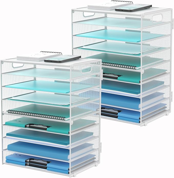 9-Tier Paper Organizer for Desk, Letter Tray with Handles, White, 2 Pack | Desk File Organizer with Removable Trays for Sorting Files, Folders, Mail and Printer Paper at Home, School or Office by DALTACK