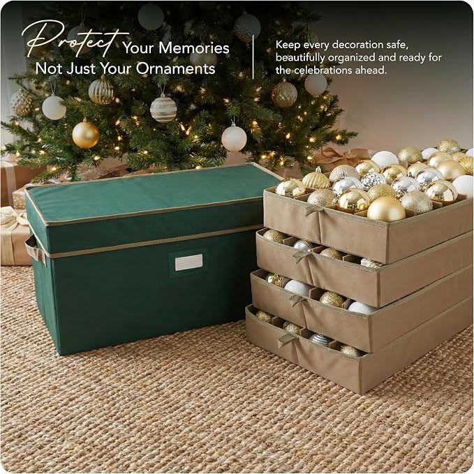 Covermates Keepsakes Adjustable Ornament Storage Box – Heavy-Duty Polyester, Padded Dividers & FlexGrid Trays – Protective Holiday Organizer with Stackable Walls & Label Window, Green - Image 2