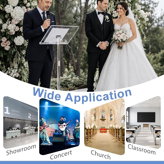 Podium Stand, Lecterns & Podiums, Acrylic Podium, Portable Podium Stand, Adjustable Angles with Metal Base, Podium for Classroom, Church, Weddings, Speech, 16" L x 12" W x 48" H, Clear - Image 7
