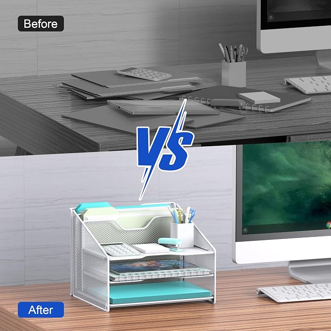 Samstar White Desk File Organizer, Mesh Letter File Folder Holder with 3 Paper Trays and 2 Vertical Upright Section, for Office Supplies, Desk Accessories & Workspace, White - Image 6