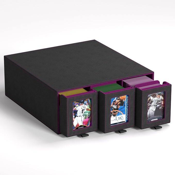 3-Drawer Trading Card Storage Box Holds 2500+ Cards (Purple) | Stackable design,15 dividers included,Desktop card organizer,PU leather material‌,for sports/TCG/MTG/Pokemon cards by Unknown