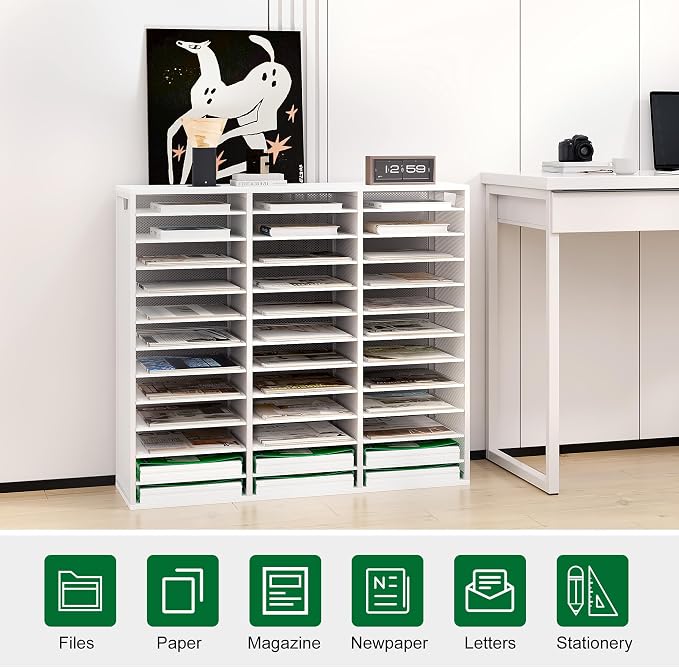 TQVAI 36 Compartments Desktop Literature Organizer, Metal Frame Paper Sorter with Handles, Heavy Duty Mailbox for Classroom and Office, Desk File Organizer for Document, Bill, Magazine, White - Image 3