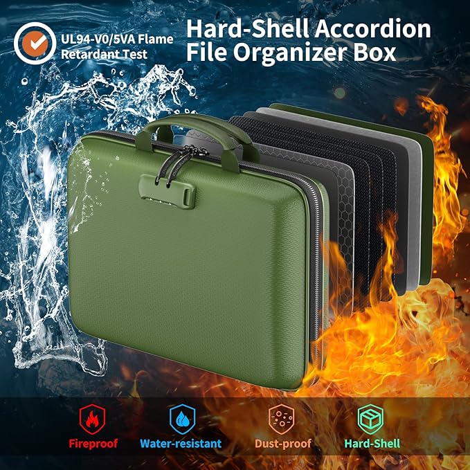 DocSafe Fireproof File Organizer with Lock, Hard-Shell Case Fireproof Document Box with 13 Pocket Accordion File Folder, Portable Home Office Travel Safe Storage for Important Documents Laptop Green - Image 2
