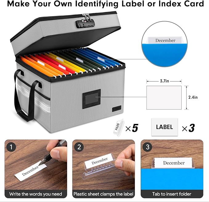 Fireproof File Oganizer with Lock, 2 Layer Fireproof Document Box Storage | Portable File Cabinet Storage Box with 5 Tab Inserts & Handle for Hanging Letter, Legal Size Folder, Certificate - Image 5