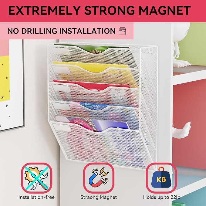 5-Tier Magnetic File Holder, No Drilling Wall File Organizer, File Folder Bins, Mail & Magazine Rack, Magnetic Paper Document Holder for Refrigerator File Cabinets Whiteboard, White - Image 3