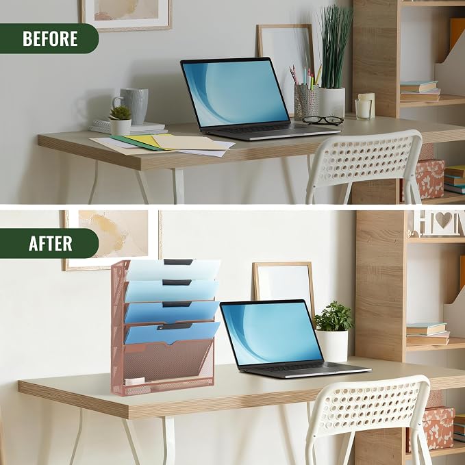 6 Tier Mesh Hanging Wall File Organizer, Desk Vertical Mail Paper Document Folder Holder Rack with Bottom Tray and Nametag Label for Office Home School, Brown - Image 5