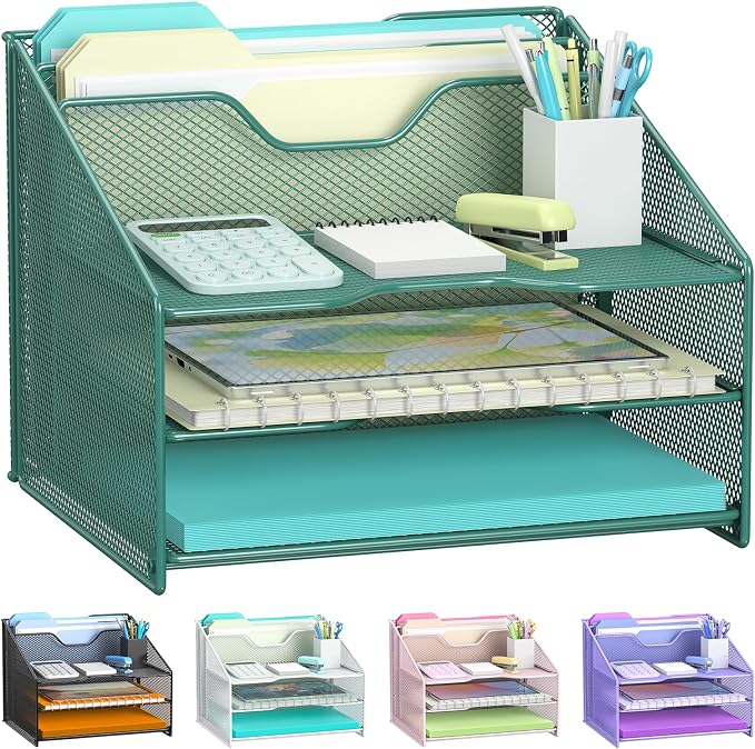 Samstar Green Desk File Organizer, Mesh Letter File Folder Holder with 3 Paper Trays and 2 Vertical Upright Section, for Office Supplies, Desk Accessories & Workspace, Green by Samstar