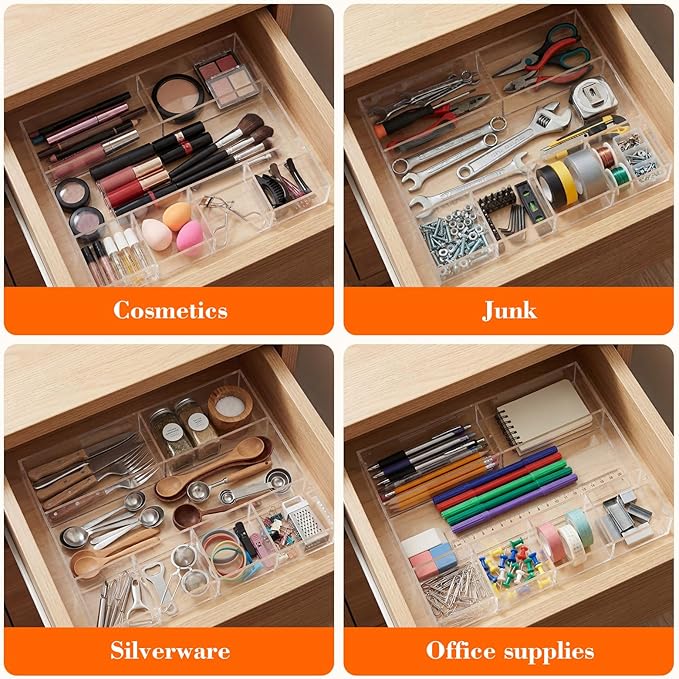 Large Acrylic Desk Deep Drawer Organizer with Adjustable Dividers, Anti-skip Clear Desk Top Junk Drawer Storage Tray for Pens, Desktop, Office, Bathroom, Kitchen, Makeup Supplies(7 Compartments) - Image 6