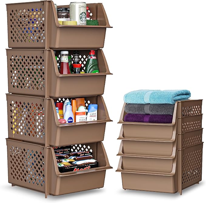 TidyFriend Plastic Stackable Storage Bins for Pantry, 4 Pack Stackable Bins For Organizing Food, Kitchen, and Bathroom Essentials (Brown) | Sturdy Plastic, Easy Stacking, Open Front Access, Ventilated Sides, Vertical & Space Saving Pantry Organizers an... by Skywin
