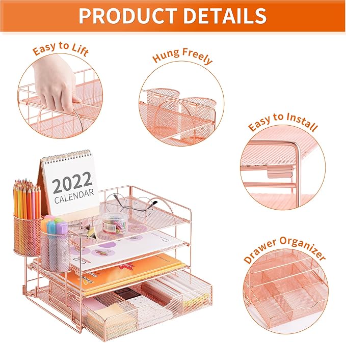 Lavatino 4-Tier Desk Paper Letter Tray Organizer for Desk Accessories & Workspace Organizers with Drawer and 2 Pen Holder for Home, School, Office Supplies Storage (Rose Gold) - Image 3