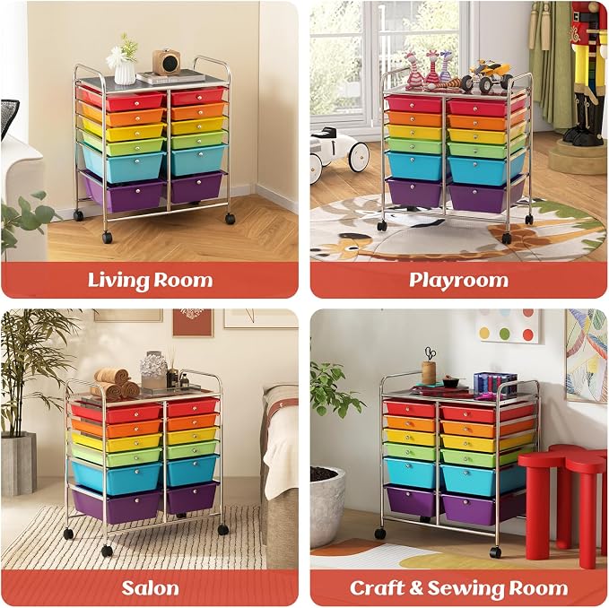 COSTWAY 12-Drawer Rolling Storage Cart, Moveable Art Craft Organizer | Lockable Wheels, Metal Shelf, Files Arrangement Tools Makeup Storage Cart for Office, Home, School (Multi-Color) - Image 8