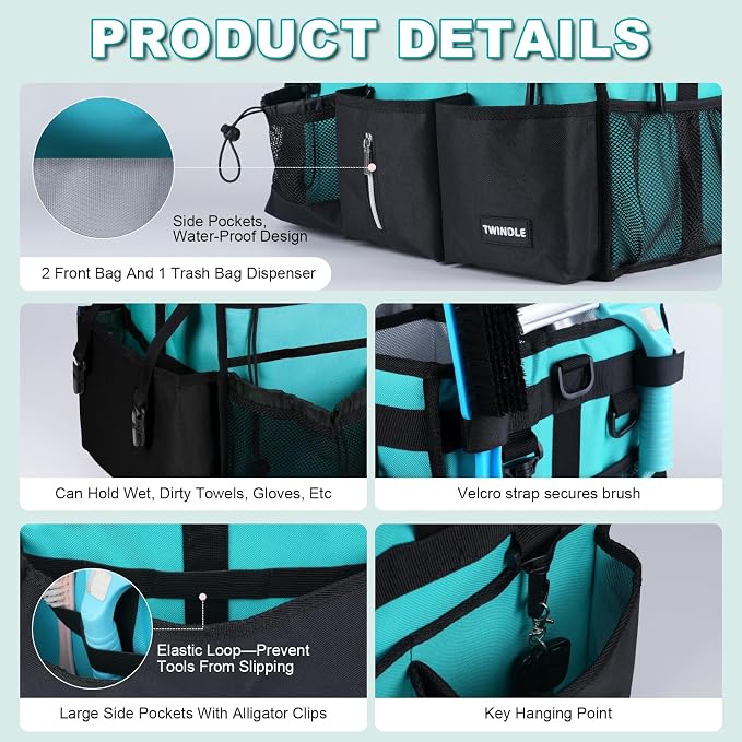 Extra-Large Wearable Cleaning Caddy With Detachable Divider,Cleaning Caddy For Cleaning Supplies Large Cleaning Supply Caddy With Adjustable Shoulder Strap & Waist Belt For Cleaners,Mint Green - Image 4