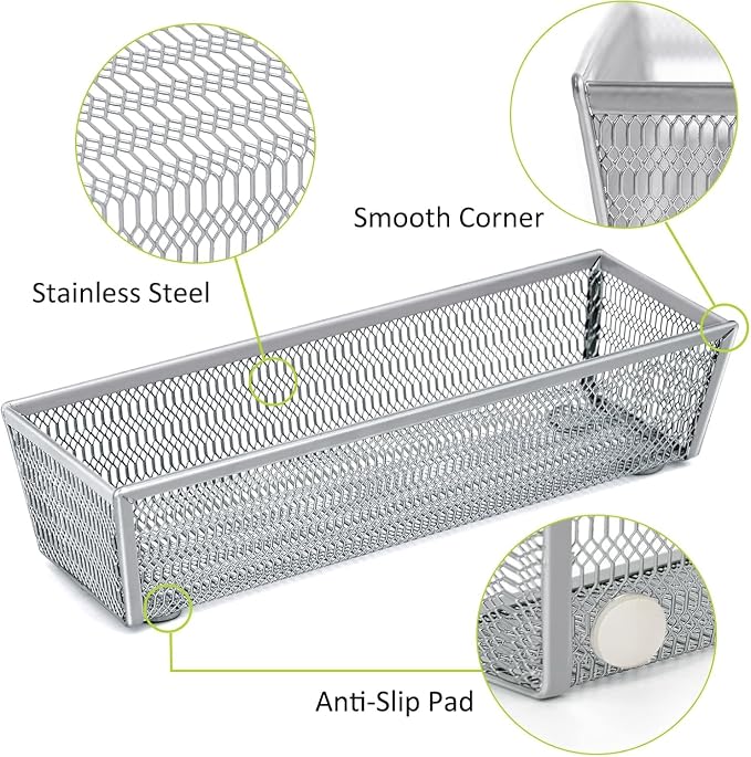 Neudeco Drawer Organizer Set, Silver, 5 Pack | 4-Compartment Silverware Tray, 4 Utensil Trays, Silver Mesh, Non-Slip, For Flatware, Cutlery, Office Supplies - Image 5