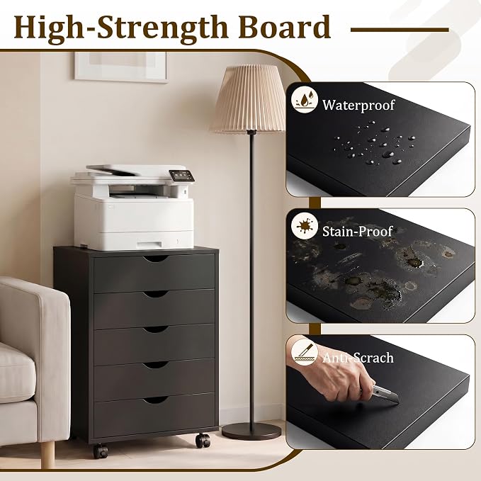 5 Drawer File Cabinet with Wheels, Under Desk Storage Drawers, Black | 5 Drawers File Cabinet with Wheels for Under Desk Storage, Office Organization and Small Printer Stand - Image 6