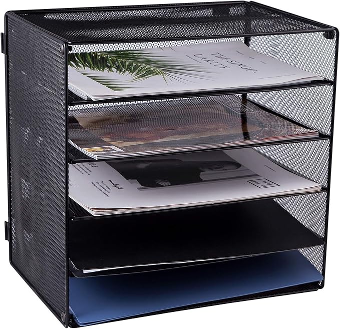 5 Slot Mesh Desk Organizer Tray, File Paper Letter Folder Holder Desktop Paper Sorter Mail Organization Rack Storage Accessories, for Office Home School Classroom, Black, 2 Pack - Image 2
