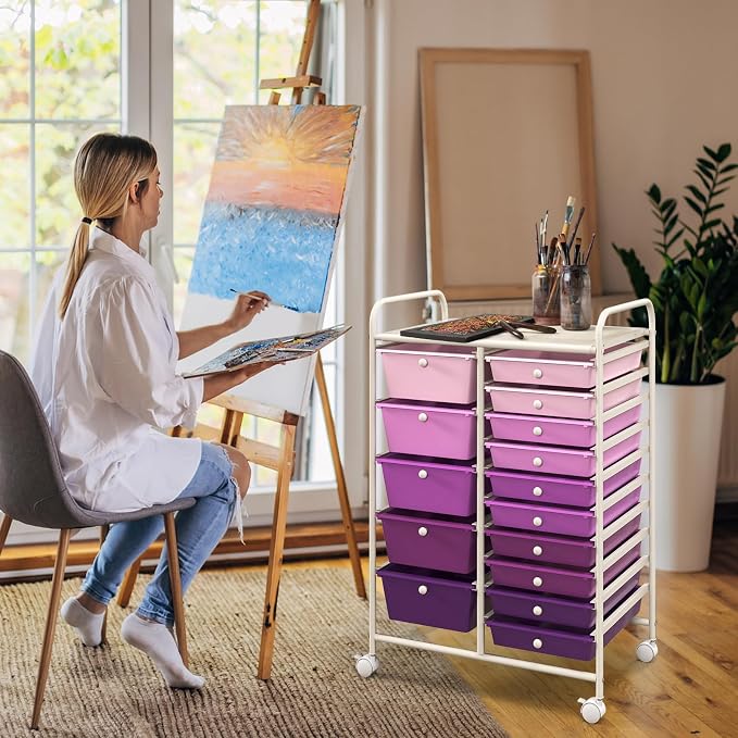 DORTALA 15-Drawer Rolling Storage Cart with Drawers, Rolling Utility Cart w/Removable Drawers & Universal Wheels, Tools Scrapbook Paper Organizer for School, Office, Home, Classroom (Gradient Purple) - Image 4