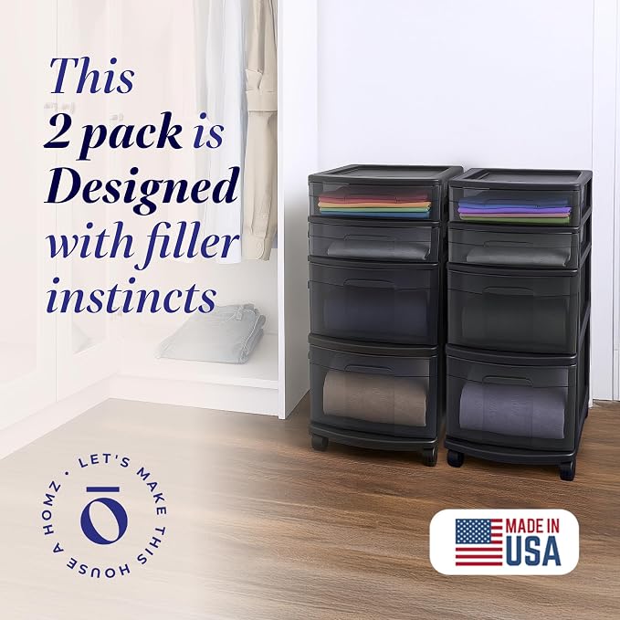 HOMZ 2-Pack Drawer Tower, 4-Tier Clear Plastic Storage Organizer Cart, Black Tint and Frame - Organizing Containers with Wheels for Home, Bathroom, Bedroom, Office, and Classroom - Image 3