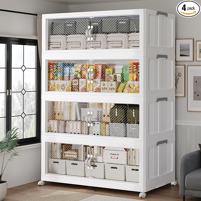 640QT Extra Large Stackable Storage Bins with Lid, 160Gal Plastic Closet Organizers and Storage Drawer, Collapsible Cabinet Box with Wheels Clear Doors for Home Kitchen Garage, 4Pack White by QAVABIN