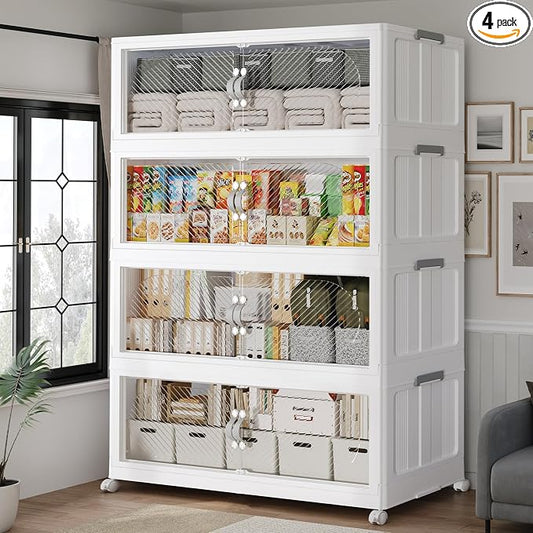 640QT Extra Large Stackable Storage Bins with Lid, 160Gal Plastic Closet Organizers and Storage Drawer, Collapsible Cabinet Box with Wheels Clear Doors for Home Kitchen Garage, 4Pack White by QAVABIN