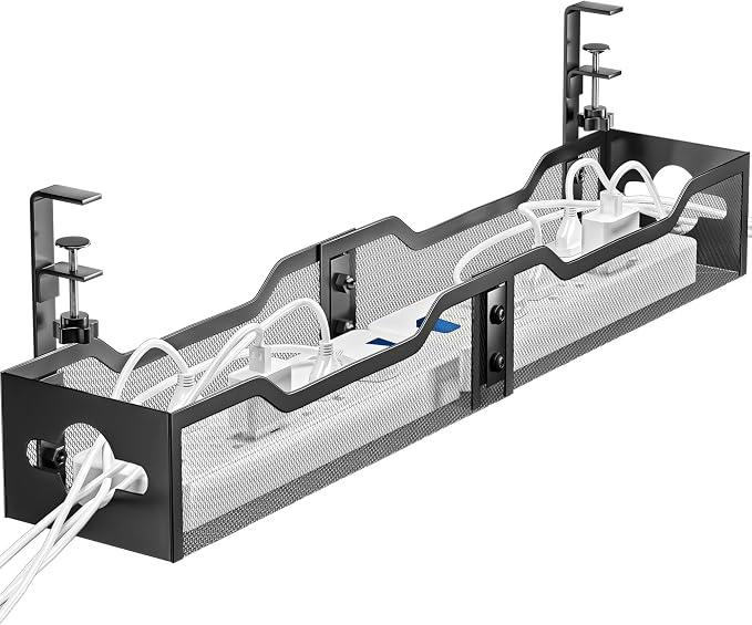 Under Desk Cable Management Tray 32'', Cable Management Under Desk No Drill, Cable Organizer with Clamp for Wire Management, Cord Organizer for Office, Home - No Damage to Table (Black) by Litwaro
